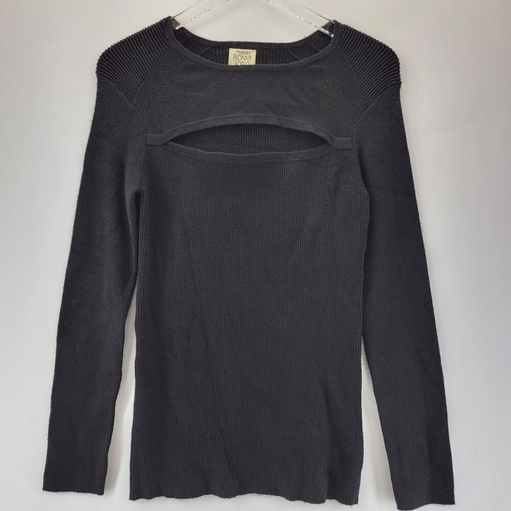 Ronny Kobo Torn Sweater Womens Medium Cutout Bust Black Stretch Ribbed Knit Sexy
